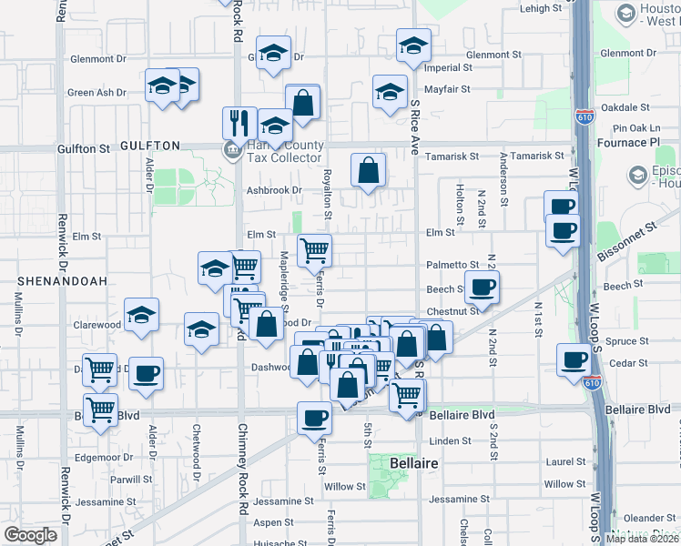 map of restaurants, bars, coffee shops, grocery stores, and more near 6313 Meredith Drive in Bellaire