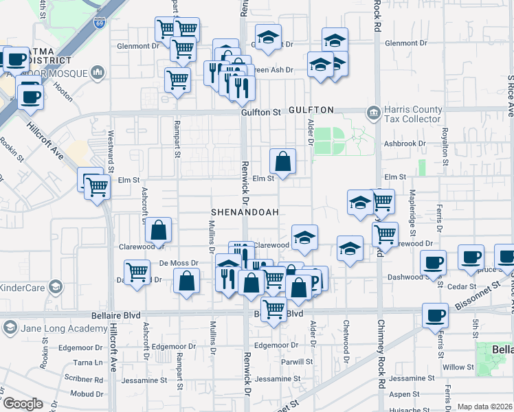 map of restaurants, bars, coffee shops, grocery stores, and more near 5826 High Star Drive in Houston
