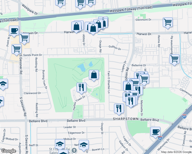 map of restaurants, bars, coffee shops, grocery stores, and more near 8206 Golf Green Circle in Houston