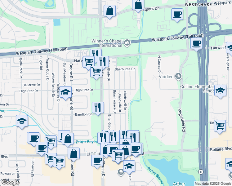 map of restaurants, bars, coffee shops, grocery stores, and more near 6231 Briar Terrace Drive in Houston
