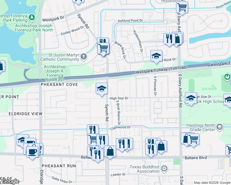 map of restaurants, bars, coffee shops, grocery stores, and more near 6203 South Briar Bayou Drive in Houston
