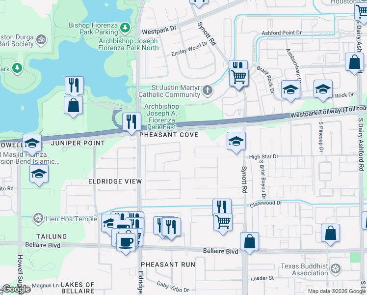 map of restaurants, bars, coffee shops, grocery stores, and more near 13406 Creek Springs Drive in Houston