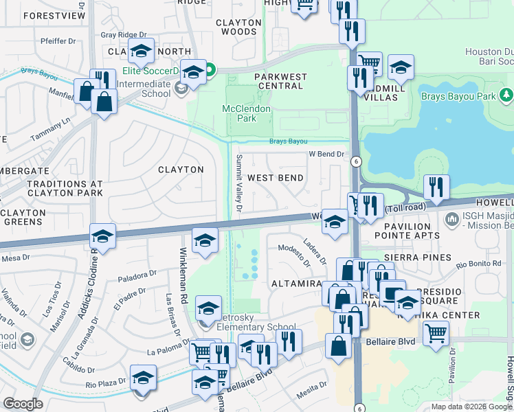 map of restaurants, bars, coffee shops, grocery stores, and more near 4110 Barnwell Drive in Houston