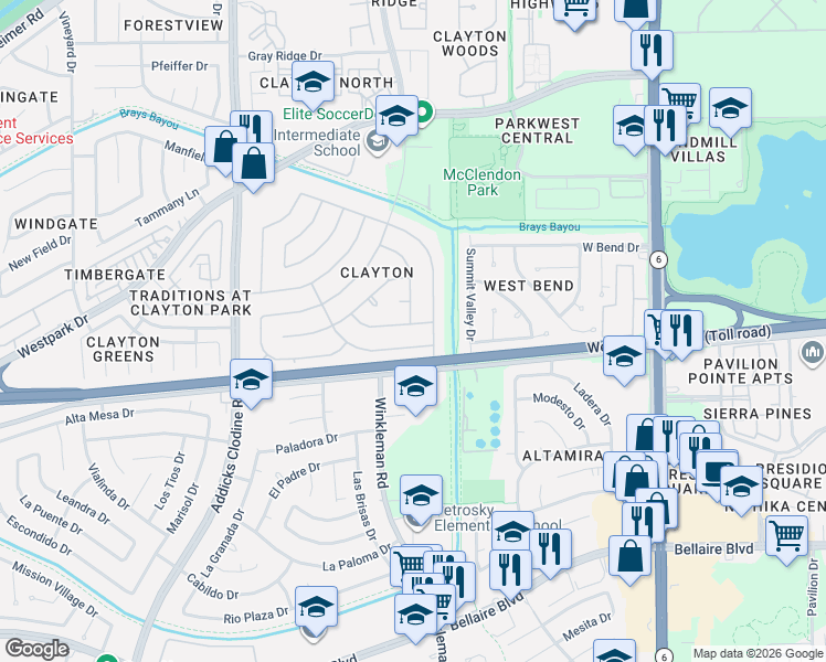 map of restaurants, bars, coffee shops, grocery stores, and more near 4023 Rushcroft Drive in Houston