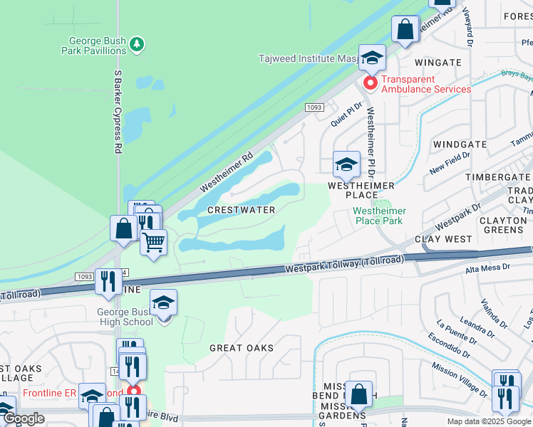 map of restaurants, bars, coffee shops, grocery stores, and more near 511 Bridge Crest Boulevard in Houston