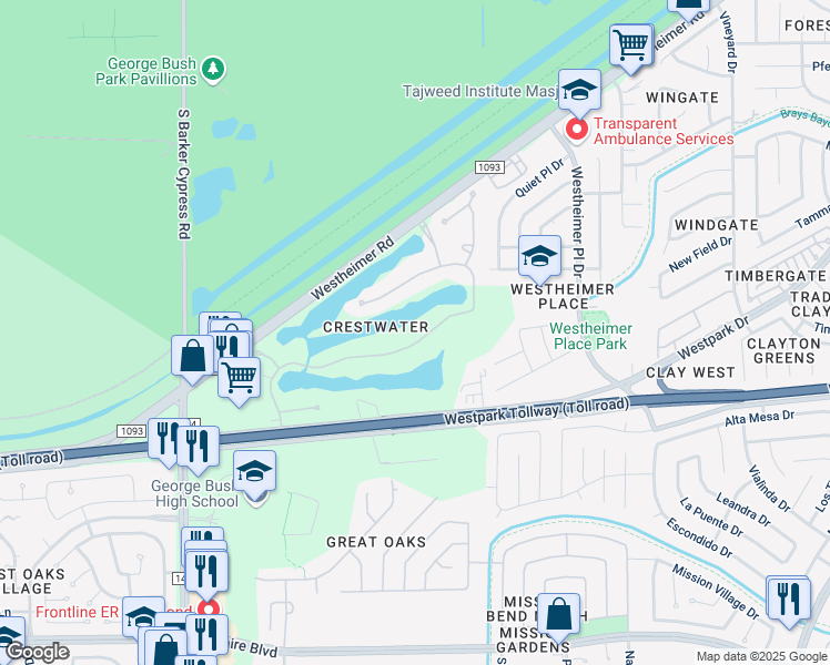 map of restaurants, bars, coffee shops, grocery stores, and more near 511 Bridge Crest Boulevard in Houston