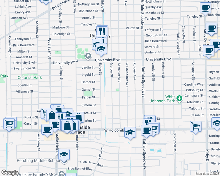 map of restaurants, bars, coffee shops, grocery stores, and more near 6417 Virginia Court in Houston