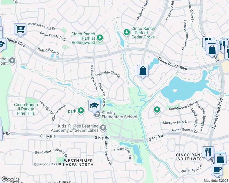 map of restaurants, bars, coffee shops, grocery stores, and more near 10414 Justin Ridge Drive in Katy