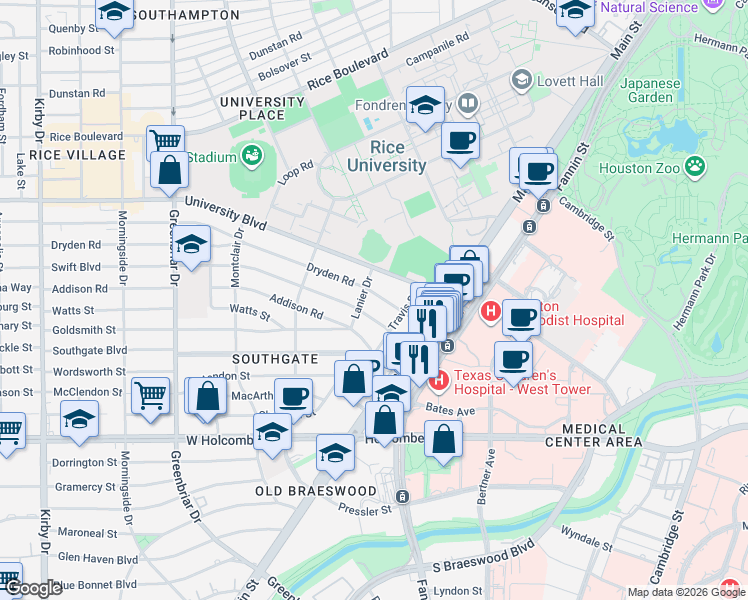 map of restaurants, bars, coffee shops, grocery stores, and more near 2000 Dryden Road in Houston