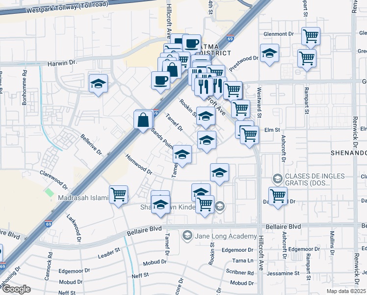map of restaurants, bars, coffee shops, grocery stores, and more near 6500 Sands Point Drive in Houston