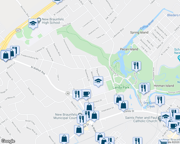 map of restaurants, bars, coffee shops, grocery stores, and more near 791 Moonglow Avenue in New Braunfels
