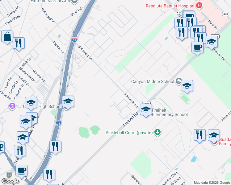 map of restaurants, bars, coffee shops, grocery stores, and more near 1793 Tristan Trail in New Braunfels
