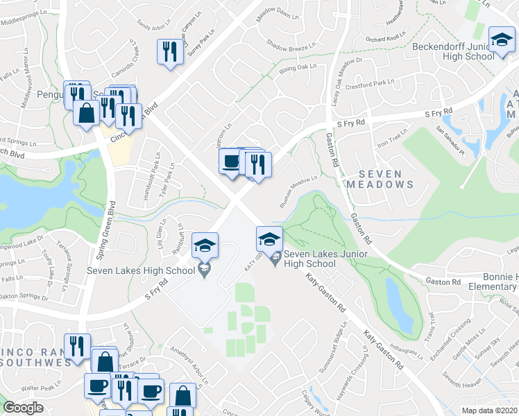 map of restaurants, bars, coffee shops, grocery stores, and more near 5755 Katy-Gaston Road in Katy