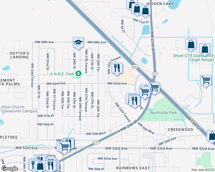 map of restaurants, bars, coffee shops, grocery stores, and more near 2529 Northwest 62nd Place in Gainesville