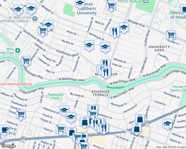 map of restaurants, bars, coffee shops, grocery stores, and more near 3629 North MacGregor Way in Houston