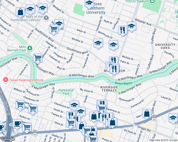 map of restaurants, bars, coffee shops, grocery stores, and more near 3501 North MacGregor Way in Houston