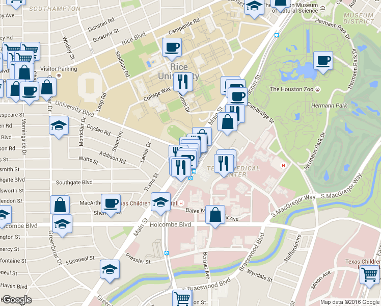 map of restaurants, bars, coffee shops, grocery stores, and more near Main St & University Blvd in Houston