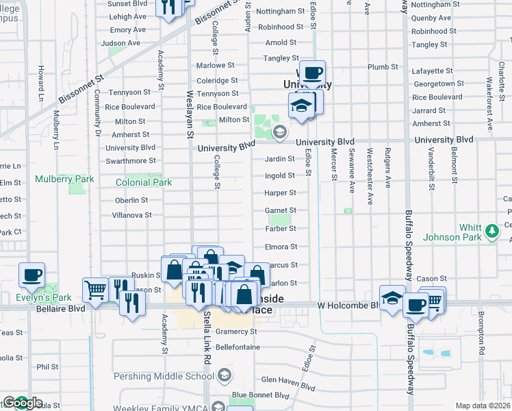 map of restaurants, bars, coffee shops, grocery stores, and more near 6414 Auden Street in Houston