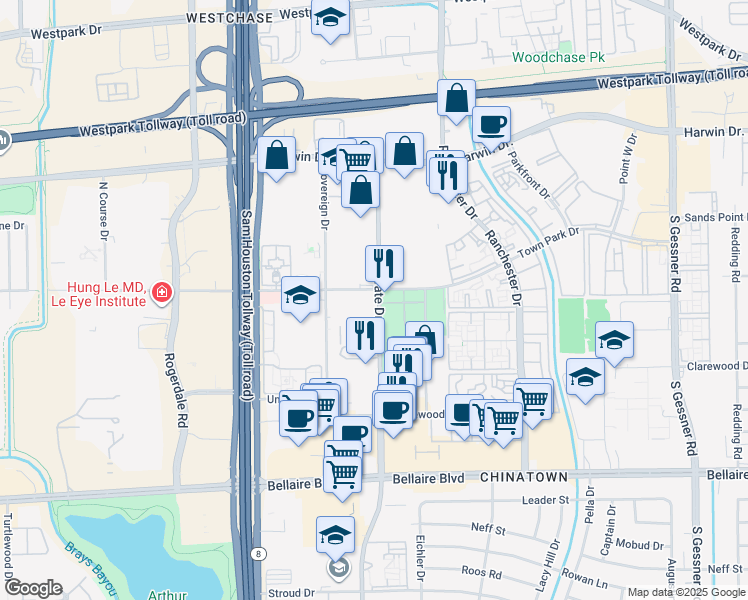map of restaurants, bars, coffee shops, grocery stores, and more near 6207 Corporate Drive in Houston