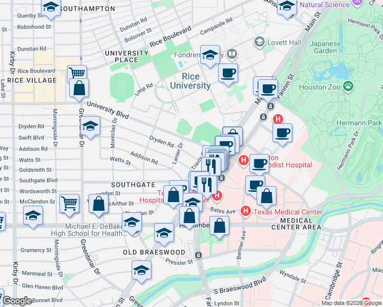 map of restaurants, bars, coffee shops, grocery stores, and more near 1940 Dryden Road in Houston