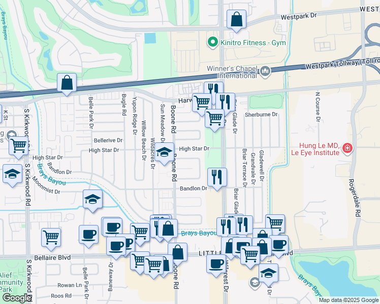 map of restaurants, bars, coffee shops, grocery stores, and more near 11030 High Star Drive in Houston