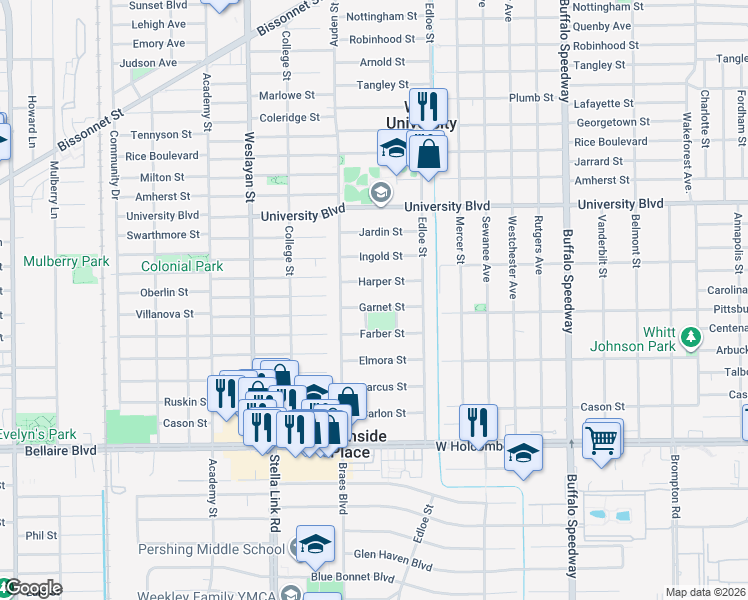 map of restaurants, bars, coffee shops, grocery stores, and more near 3751 Harper Street in Houston