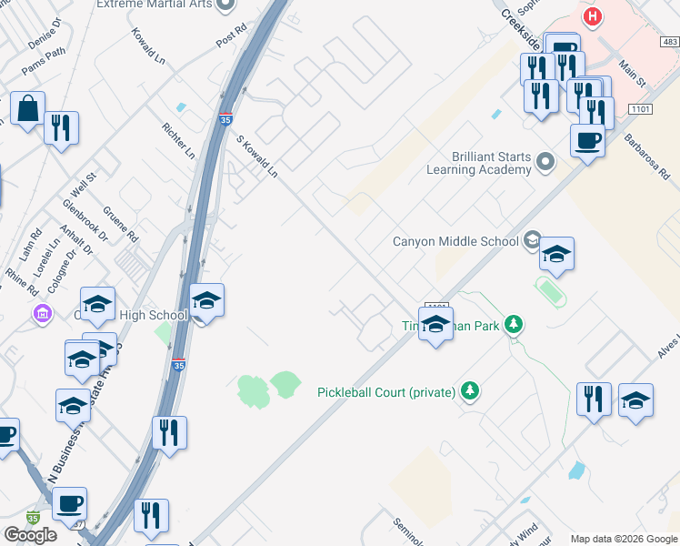 map of restaurants, bars, coffee shops, grocery stores, and more near 1779 Tristan Trail in New Braunfels