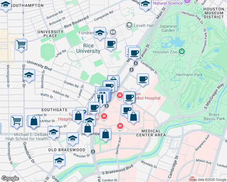 map of restaurants, bars, coffee shops, grocery stores, and more near 6550 Fannin Street in Houston