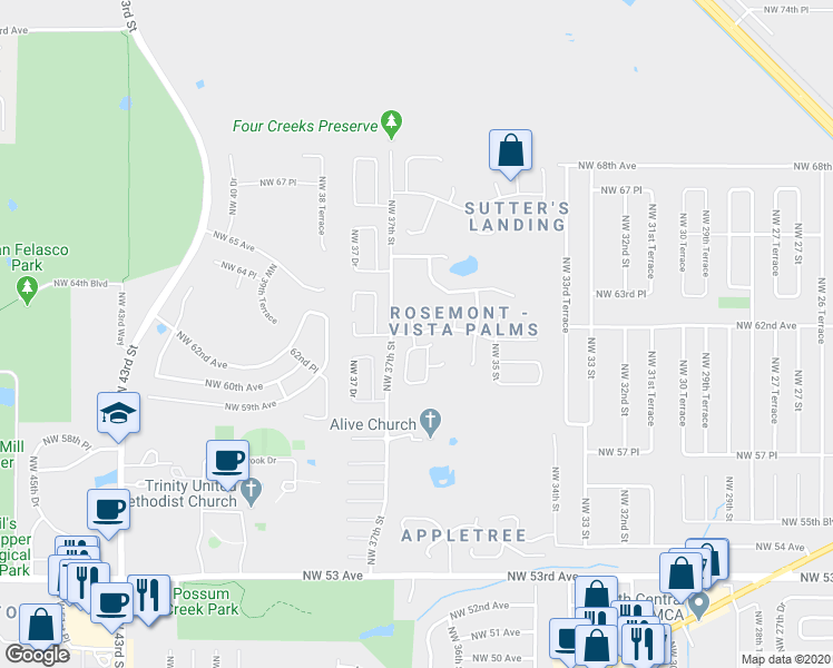 map of restaurants, bars, coffee shops, grocery stores, and more near Northwest 62 Place in Gainesville