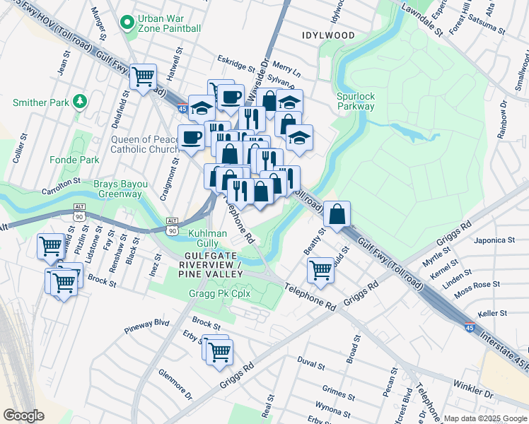map of restaurants, bars, coffee shops, grocery stores, and more near 6010 Gulf Fwy in Houston