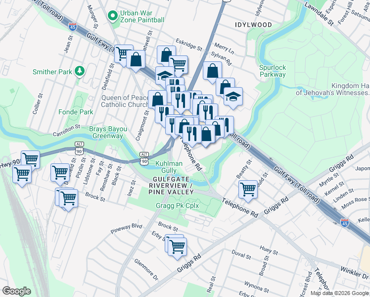 map of restaurants, bars, coffee shops, grocery stores, and more near in Houston