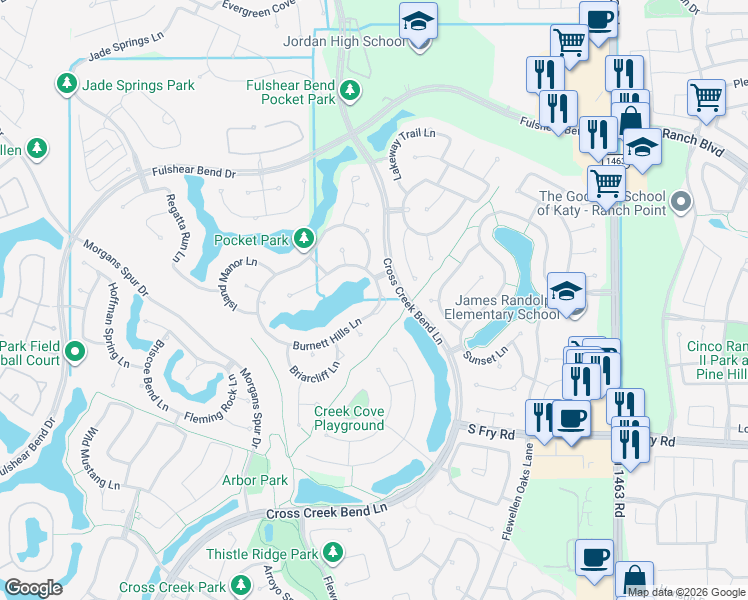 map of restaurants, bars, coffee shops, grocery stores, and more near 27707 Burnett Hills Lane in Katy