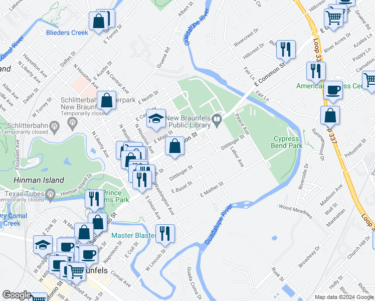 map of restaurants, bars, coffee shops, grocery stores, and more near 548 Common Street in New Braunfels