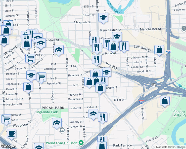 map of restaurants, bars, coffee shops, grocery stores, and more near 1502 Broadway Street in Houston