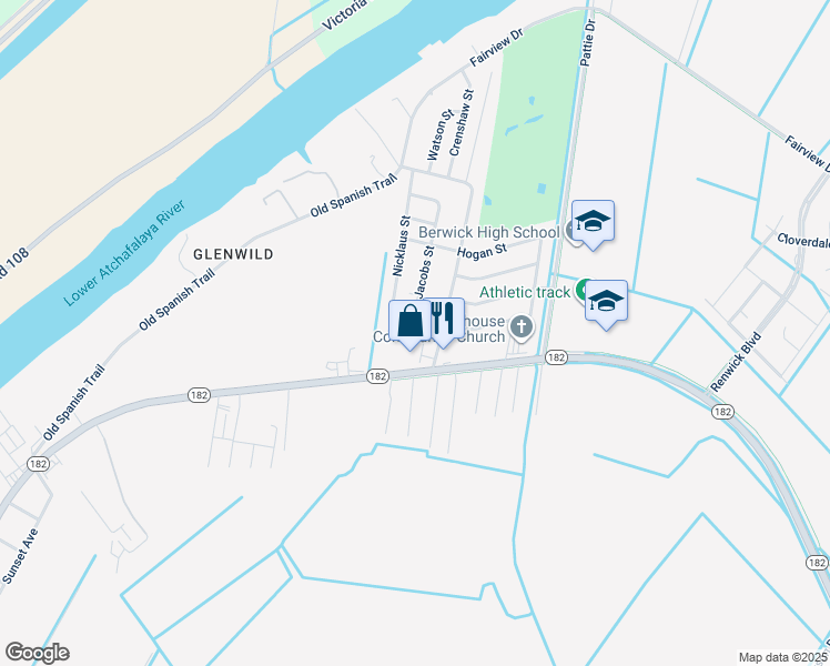 map of restaurants, bars, coffee shops, grocery stores, and more near 105 Trevino Street in Berwick
