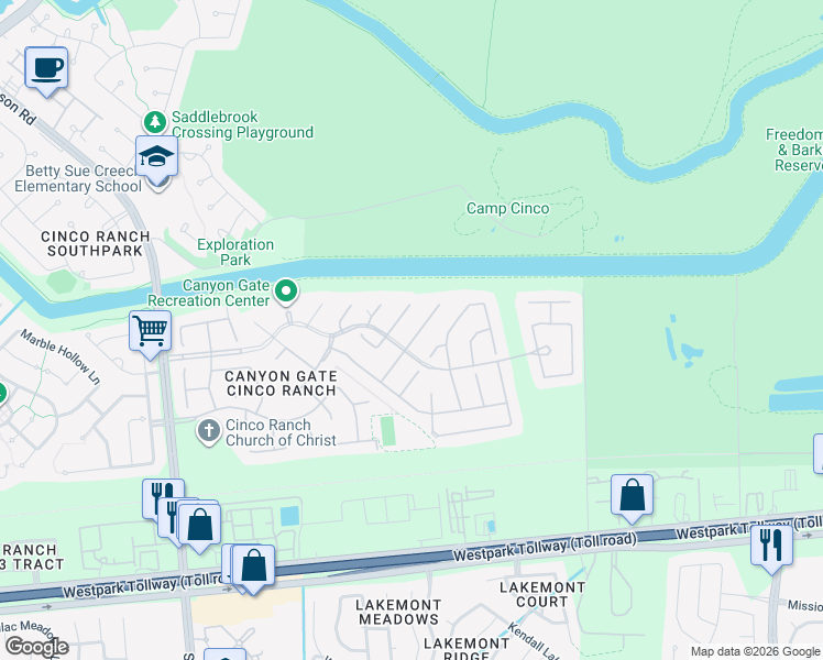 map of restaurants, bars, coffee shops, grocery stores, and more near 6222 Pebble Canyon Court in Katy