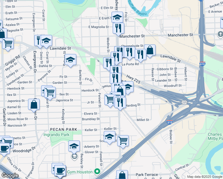 map of restaurants, bars, coffee shops, grocery stores, and more near 1502 Broadway Street in Houston