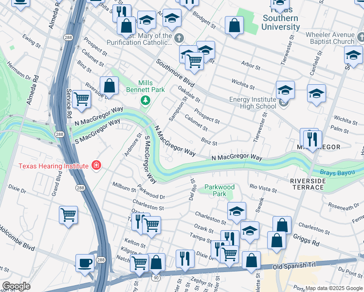 map of restaurants, bars, coffee shops, grocery stores, and more near 3226 Ewing Street in Houston