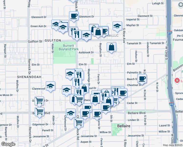 map of restaurants, bars, coffee shops, grocery stores, and more near 5309 Palmetto Street in Houston