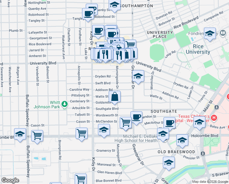 map of restaurants, bars, coffee shops, grocery stores, and more near 2402 Addison Road in Houston