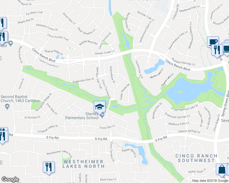 map of restaurants, bars, coffee shops, grocery stores, and more near Justin Ridge Road in Katy