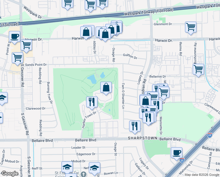 map of restaurants, bars, coffee shops, grocery stores, and more near 8206 Golf Green Circle in Houston
