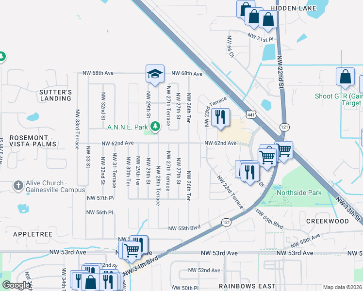 map of restaurants, bars, coffee shops, grocery stores, and more near 2648 Northwest 62nd Avenue in Gainesville