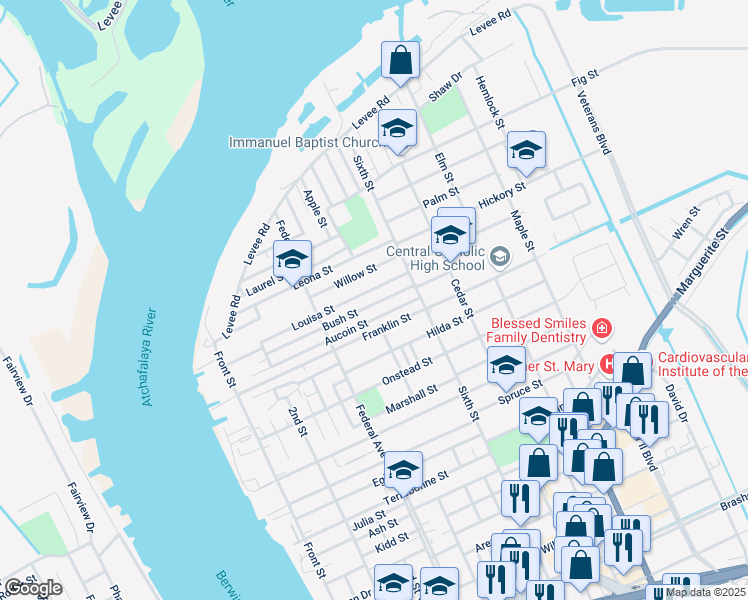 map of restaurants, bars, coffee shops, grocery stores, and more near 614-710 Louisa Street in Morgan City