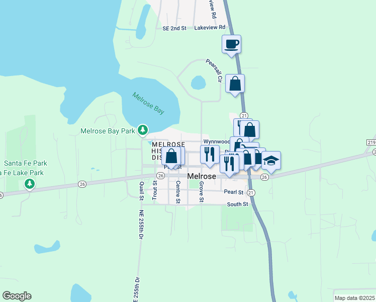 map of restaurants, bars, coffee shops, grocery stores, and more near Pine Street in Melrose