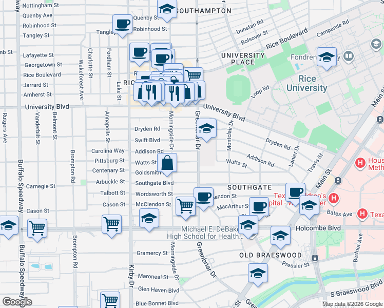 map of restaurants, bars, coffee shops, grocery stores, and more near 2320 Addison Road in Houston