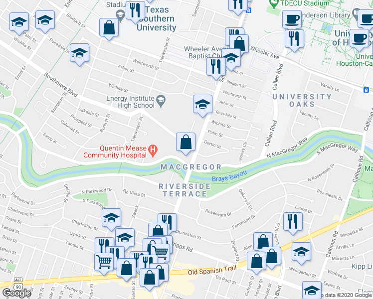 map of restaurants, bars, coffee shops, grocery stores, and more near 3723 Southmore Boulevard in Houston