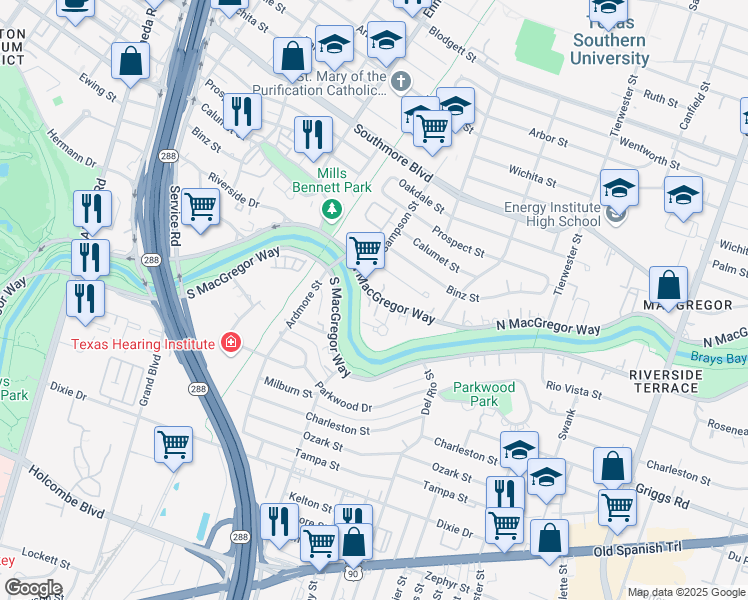 map of restaurants, bars, coffee shops, grocery stores, and more near 39 Brays Bayou Greenway Trail in Houston