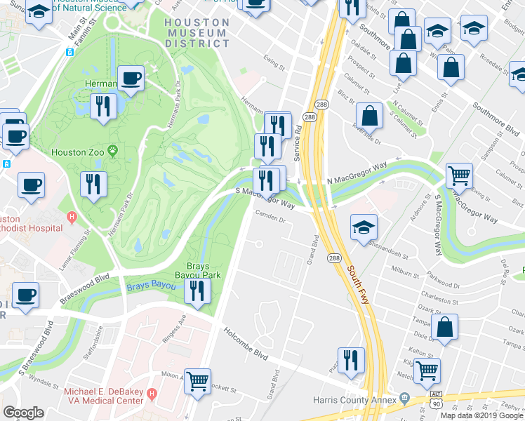 map of restaurants, bars, coffee shops, grocery stores, and more near in Houston