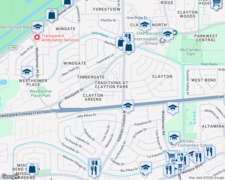 map of restaurants, bars, coffee shops, grocery stores, and more near 15822 South Alley Court in Houston